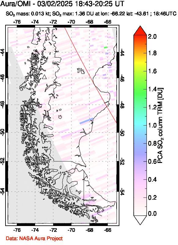 A sulfur dioxide image over Southern Chile on Mar 02, 2025.