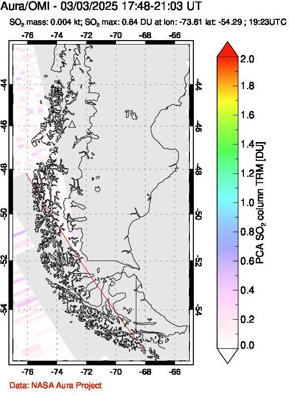 A sulfur dioxide image over Southern Chile on Mar 03, 2025.