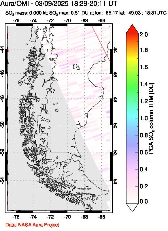 A sulfur dioxide image over Southern Chile on Mar 09, 2025.