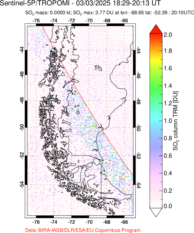 A sulfur dioxide image over Southern Chile on Mar 03, 2025.