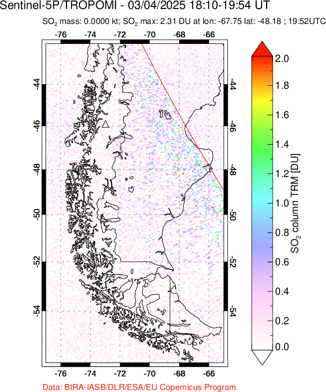 A sulfur dioxide image over Southern Chile on Mar 04, 2025.