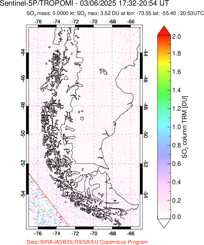 A sulfur dioxide image over Southern Chile on Mar 06, 2025.