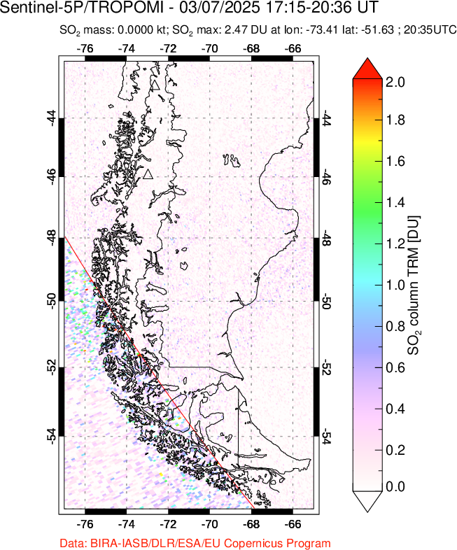 A sulfur dioxide image over Southern Chile on Mar 07, 2025.