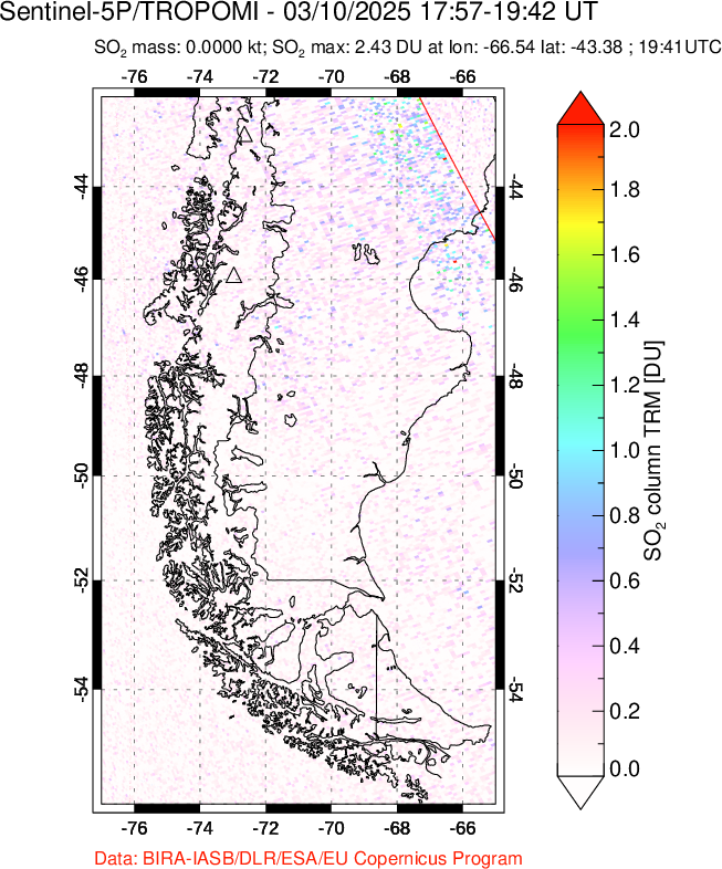 A sulfur dioxide image over Southern Chile on Mar 10, 2025.