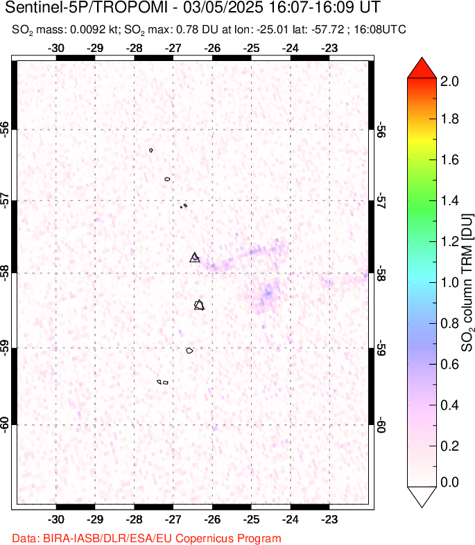 A sulfur dioxide image over South Sandwich Islands, South Atlantic on Mar 05, 2025.