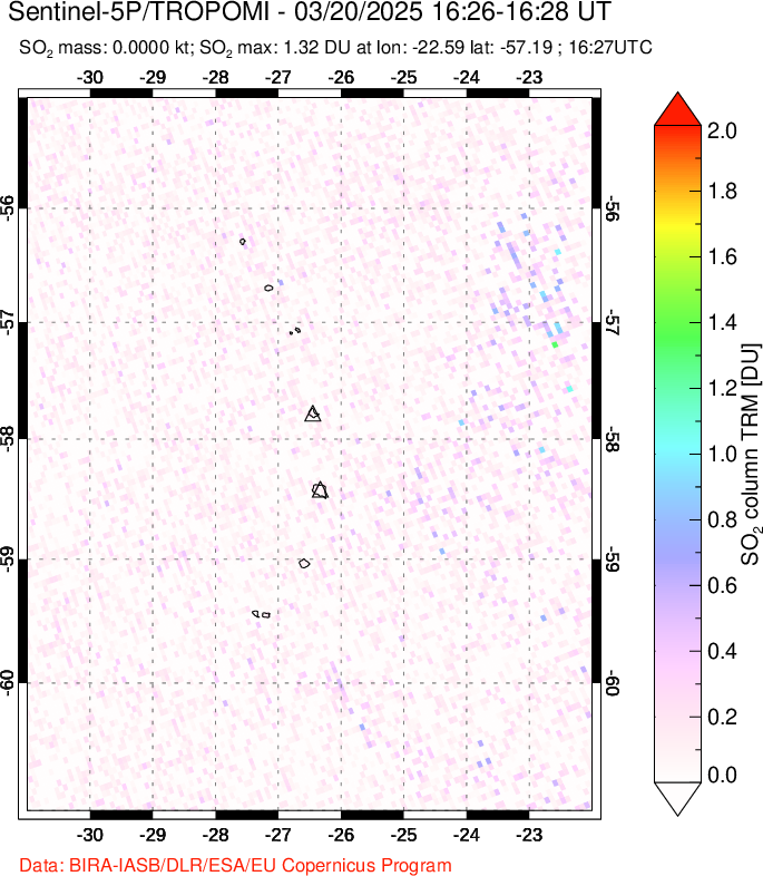 A sulfur dioxide image over South Sandwich Islands, South Atlantic on Mar 20, 2025.