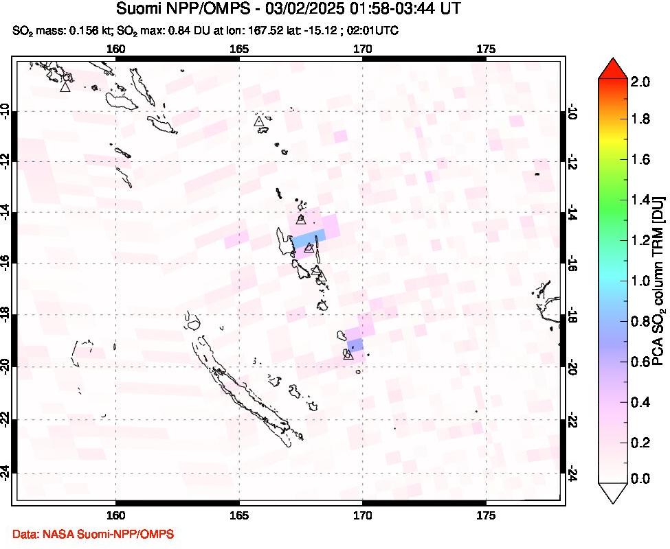 A sulfur dioxide image over Vanuatu, South Pacific on Mar 02, 2025.