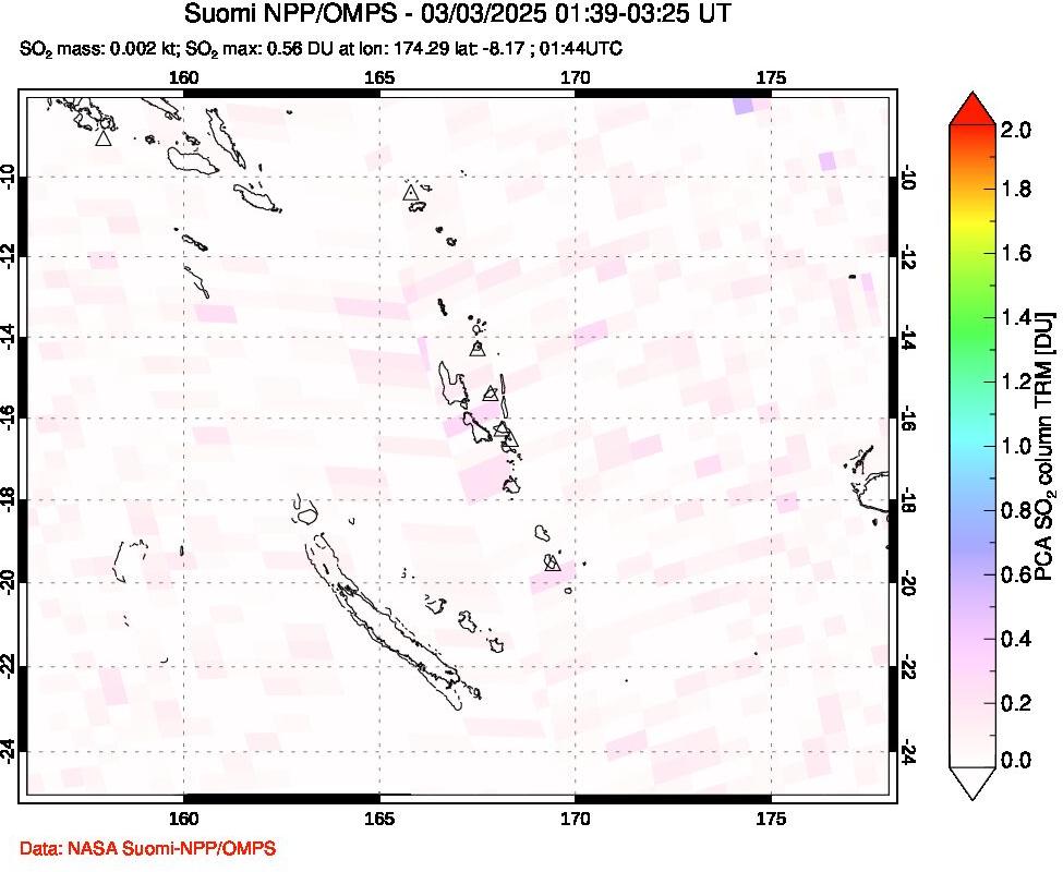 A sulfur dioxide image over Vanuatu, South Pacific on Mar 03, 2025.