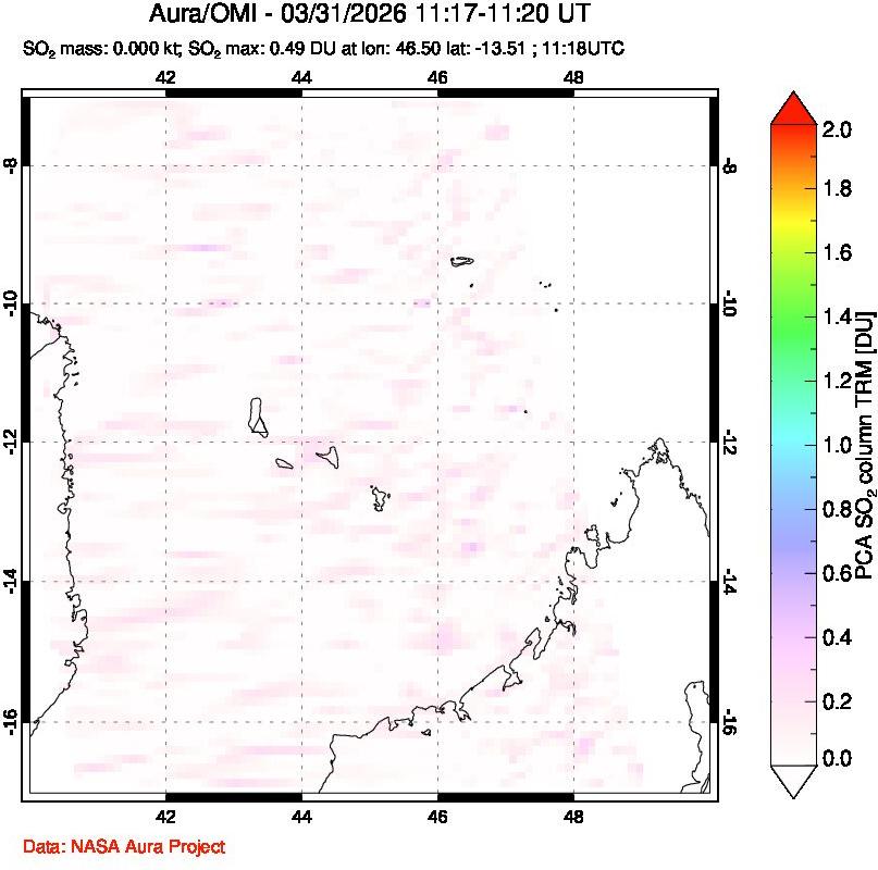 A sulfur dioxide image over Comoro Islands on Mar 31, 2026.