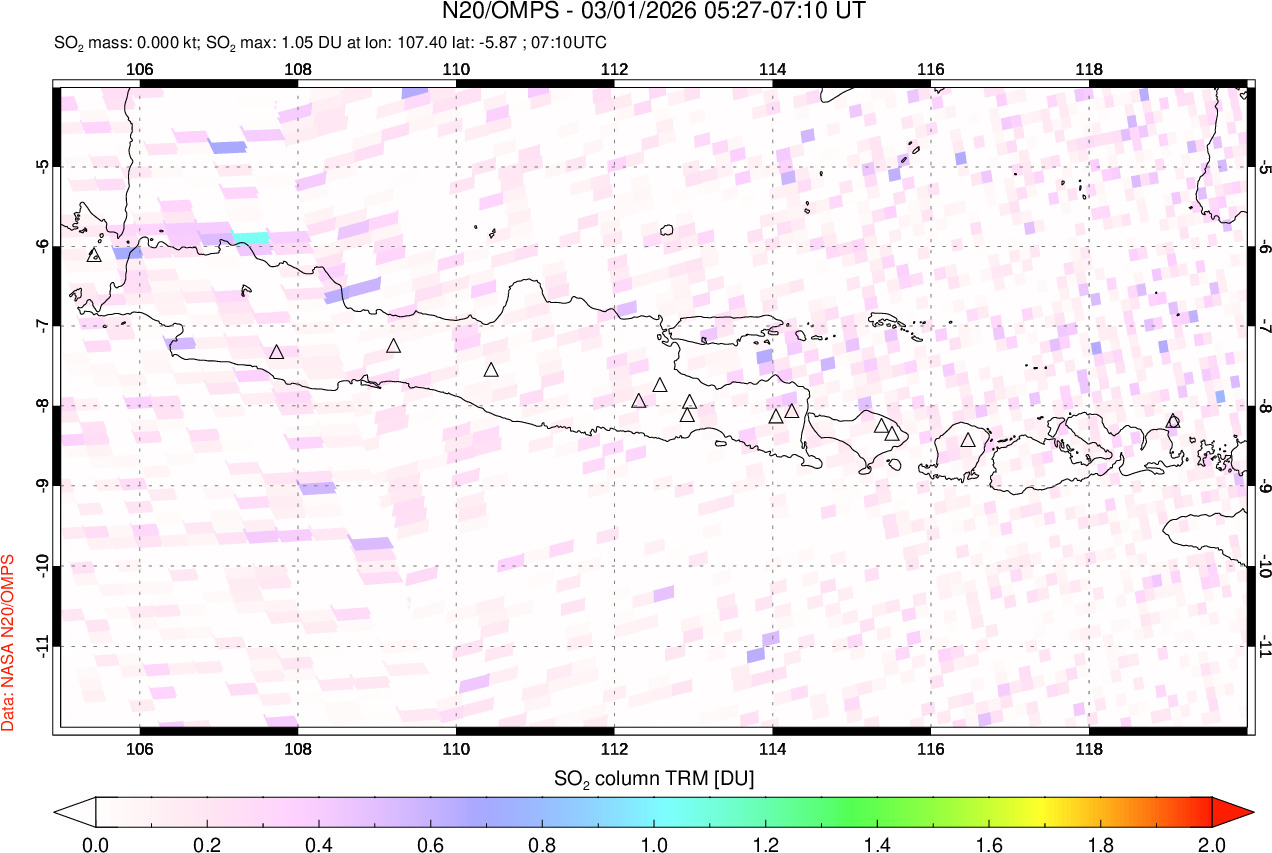 A sulfur dioxide image over Java, Indonesia on Mar 01, 2026.