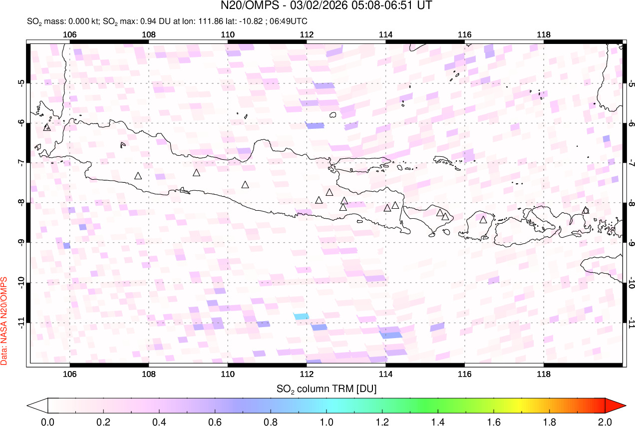 A sulfur dioxide image over Java, Indonesia on Mar 02, 2026.