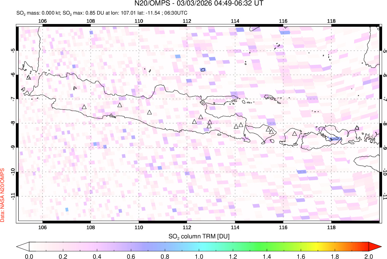 A sulfur dioxide image over Java, Indonesia on Mar 03, 2026.