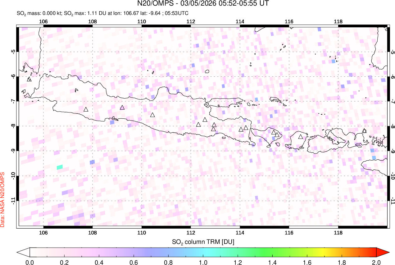 A sulfur dioxide image over Java, Indonesia on Mar 05, 2026.