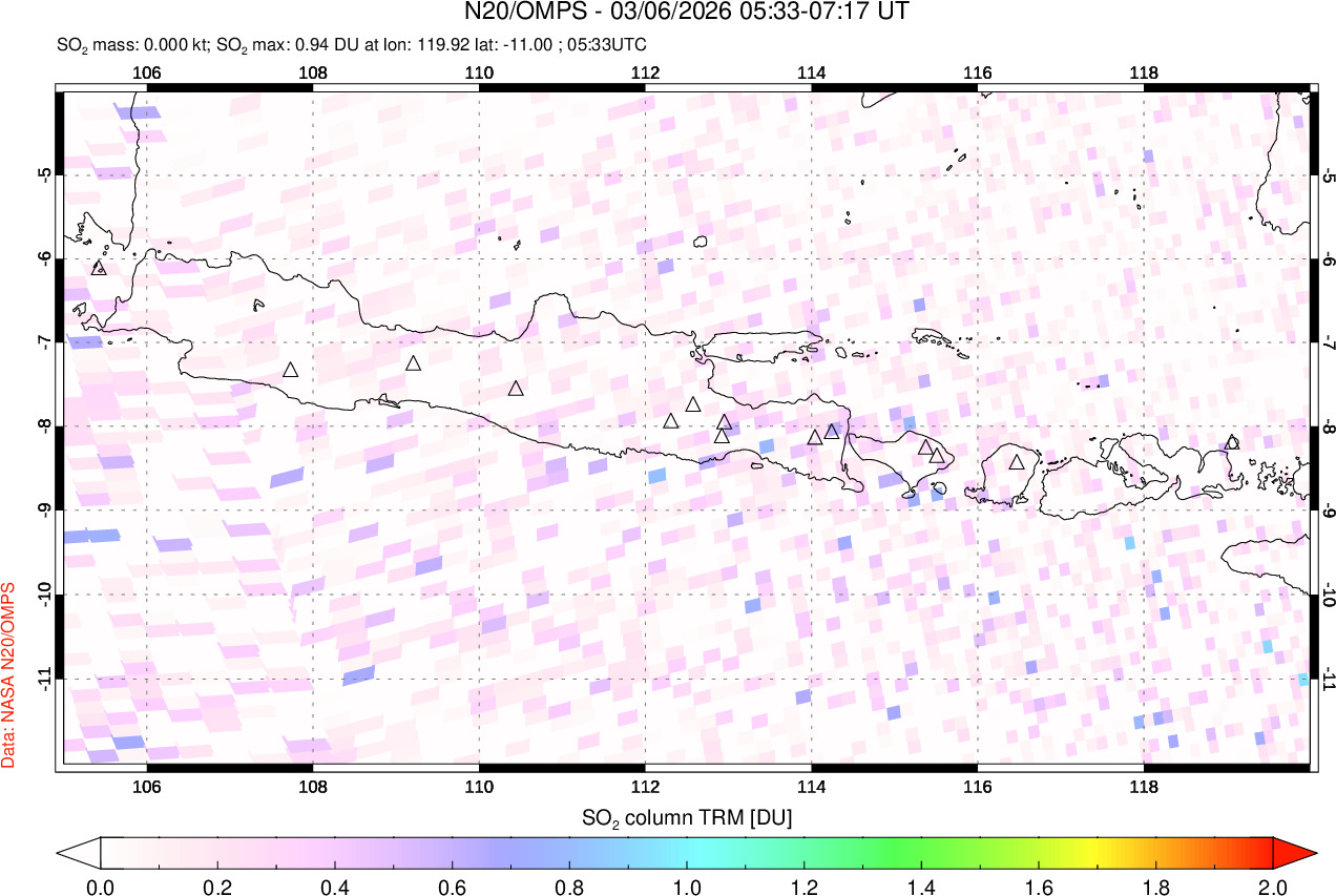 A sulfur dioxide image over Java, Indonesia on Mar 06, 2026.
