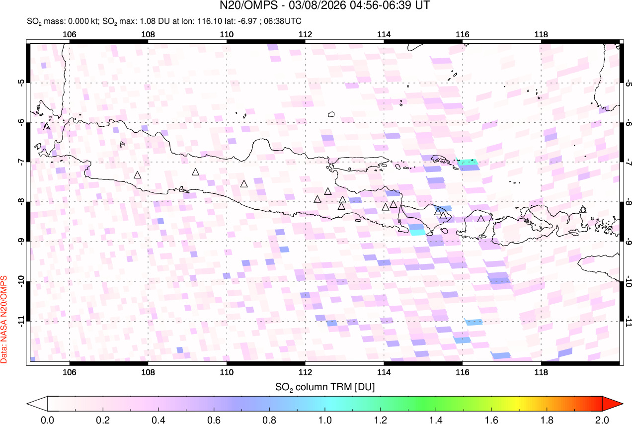 A sulfur dioxide image over Java, Indonesia on Mar 08, 2026.