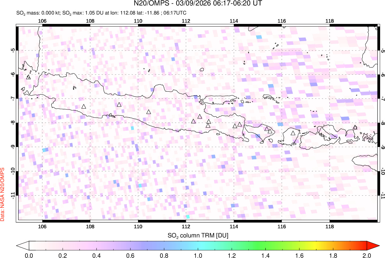 A sulfur dioxide image over Java, Indonesia on Mar 09, 2026.