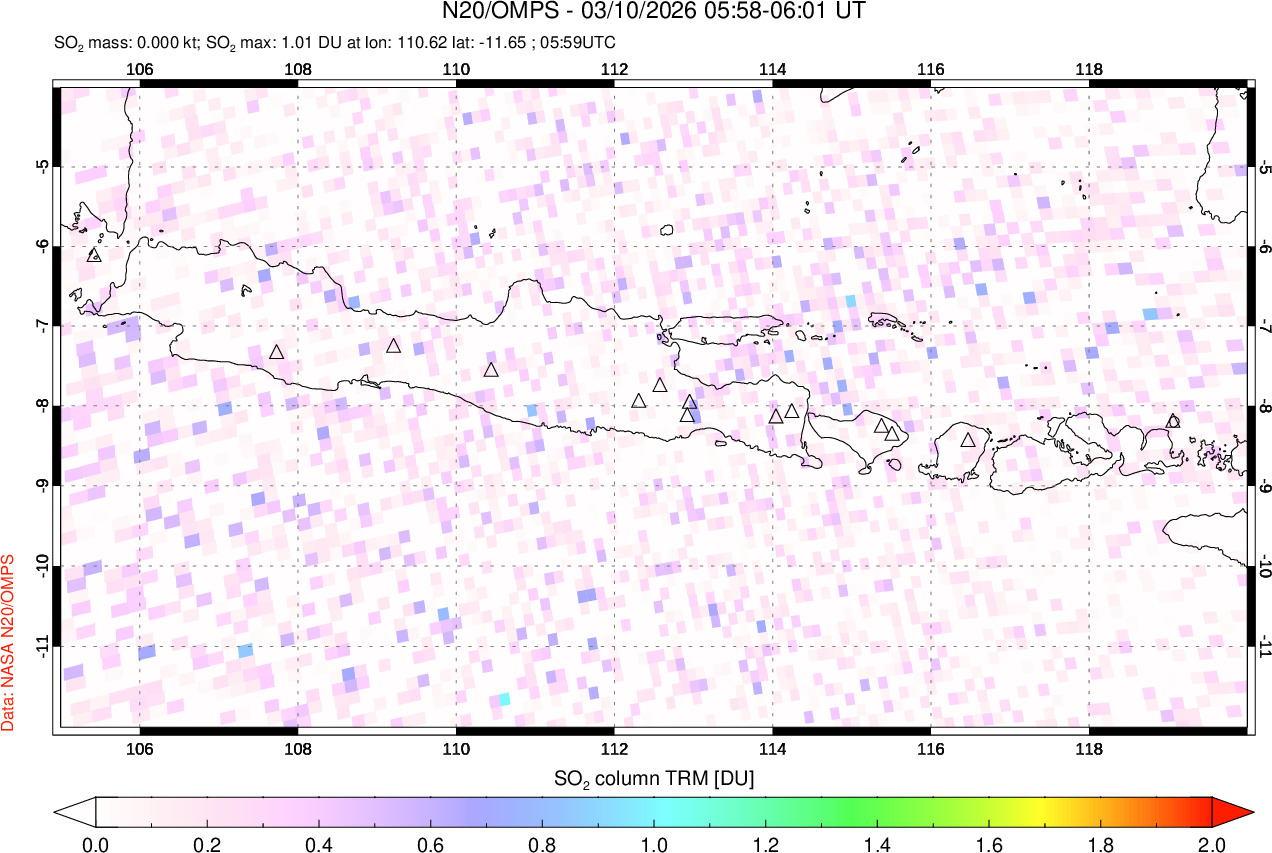 A sulfur dioxide image over Java, Indonesia on Mar 10, 2026.