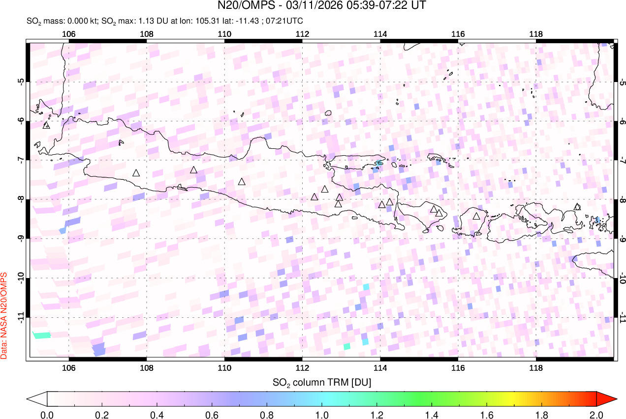 A sulfur dioxide image over Java, Indonesia on Mar 11, 2026.