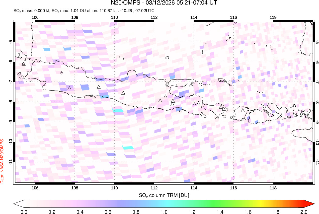 A sulfur dioxide image over Java, Indonesia on Mar 12, 2026.
