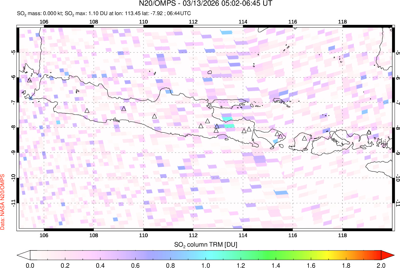 A sulfur dioxide image over Java, Indonesia on Mar 13, 2026.