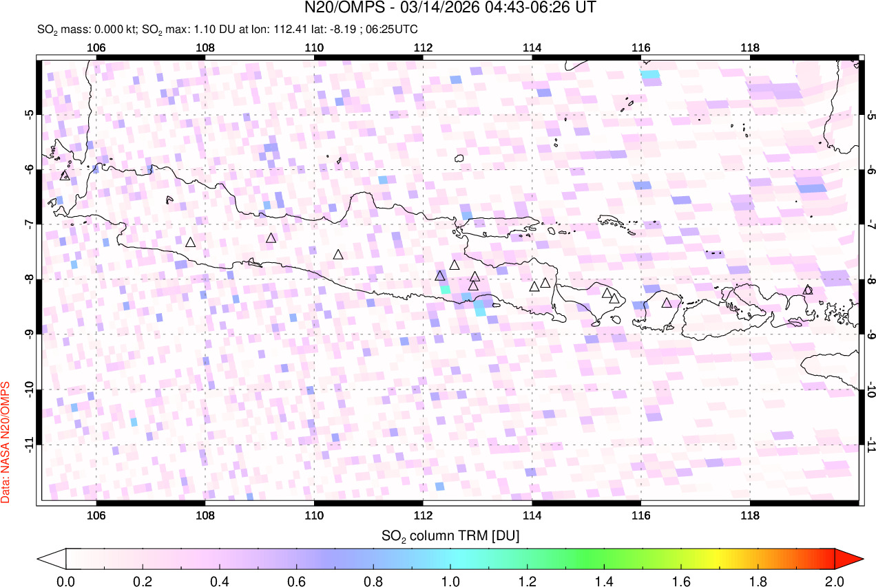 A sulfur dioxide image over Java, Indonesia on Mar 14, 2026.
