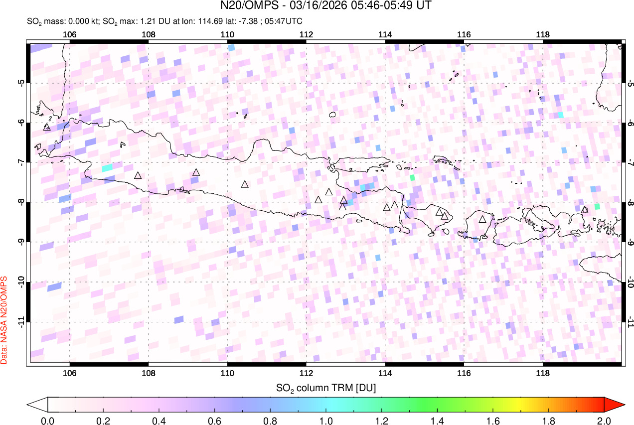 A sulfur dioxide image over Java, Indonesia on Mar 16, 2026.