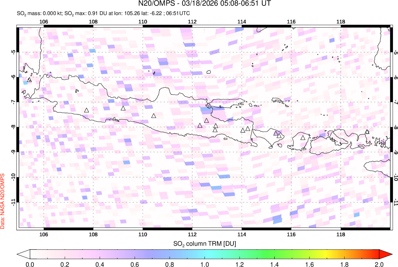 A sulfur dioxide image over Java, Indonesia on Mar 18, 2026.