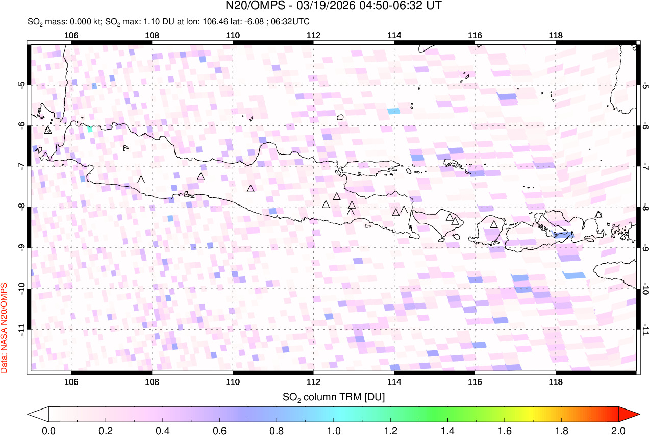 A sulfur dioxide image over Java, Indonesia on Mar 19, 2026.