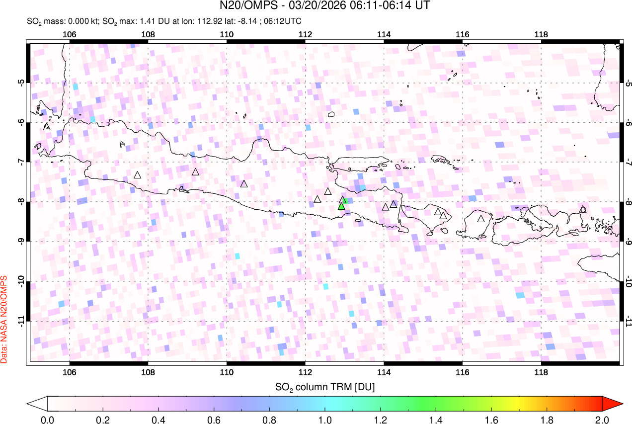 A sulfur dioxide image over Java, Indonesia on Mar 20, 2026.