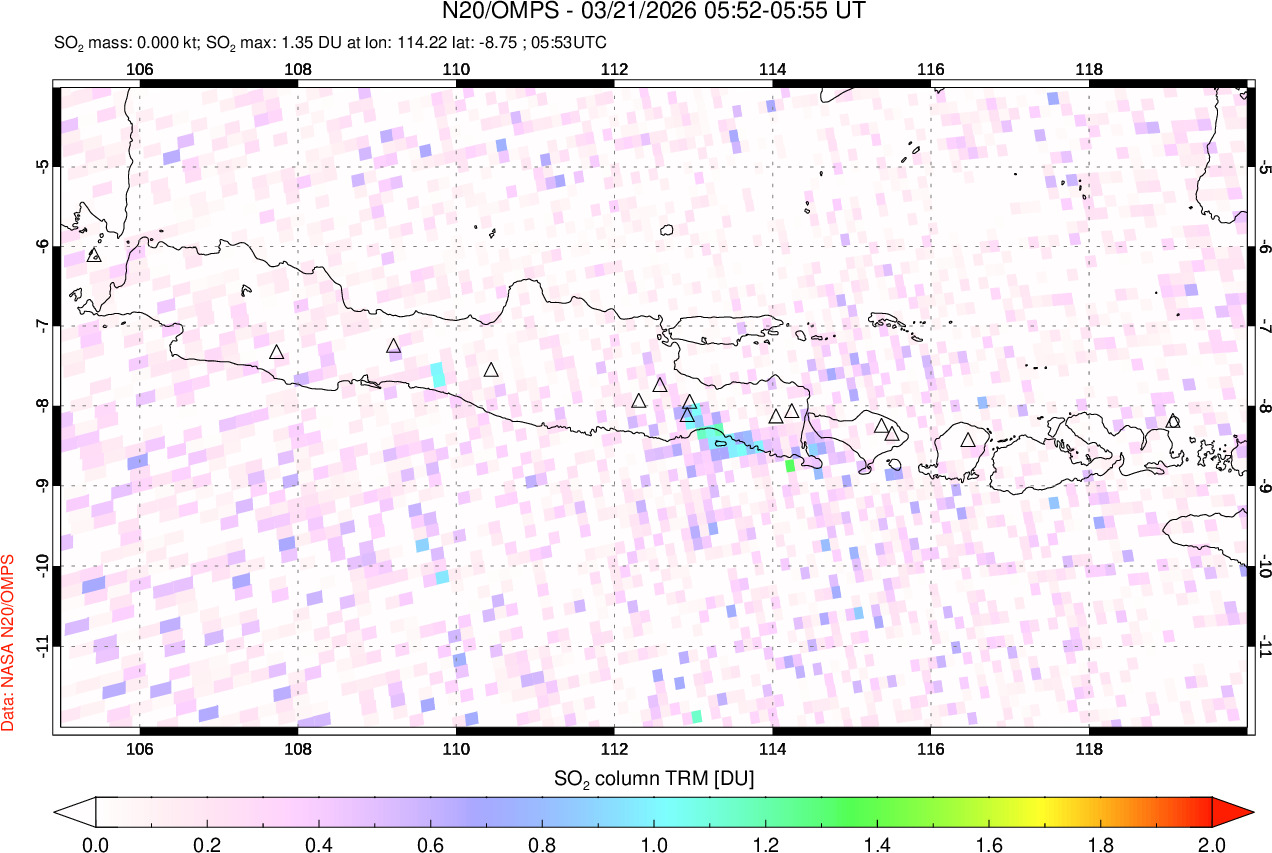 A sulfur dioxide image over Java, Indonesia on Mar 21, 2026.