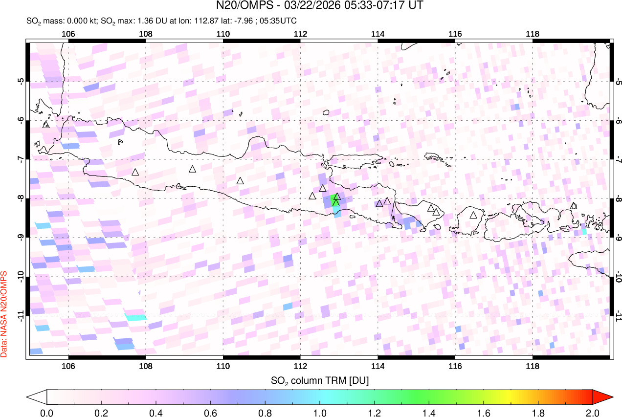 A sulfur dioxide image over Java, Indonesia on Mar 22, 2026.