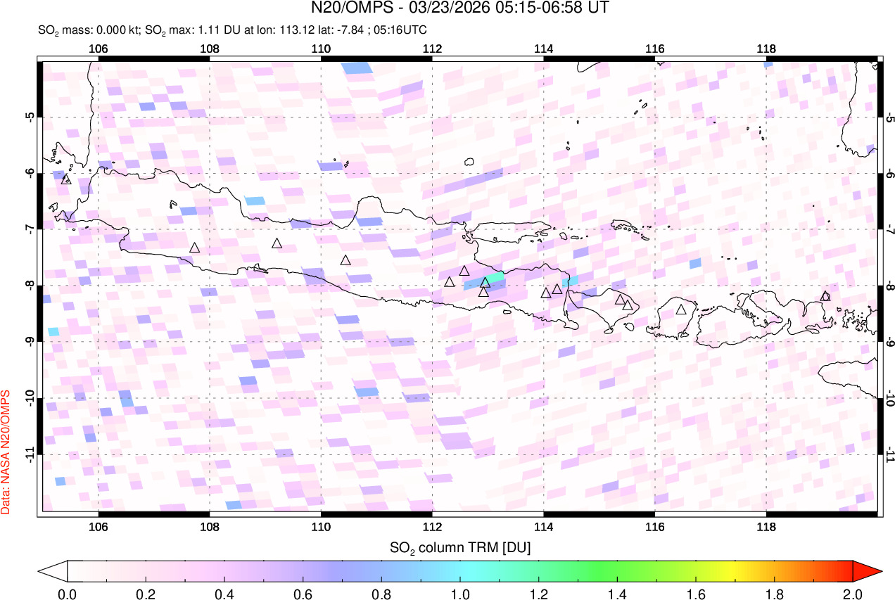 A sulfur dioxide image over Java, Indonesia on Mar 23, 2026.