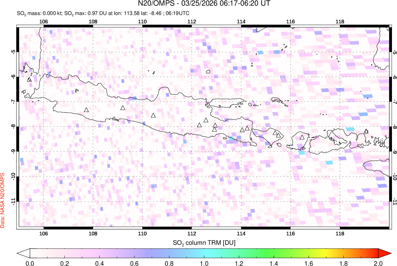 A sulfur dioxide image over Java, Indonesia on Mar 25, 2026.