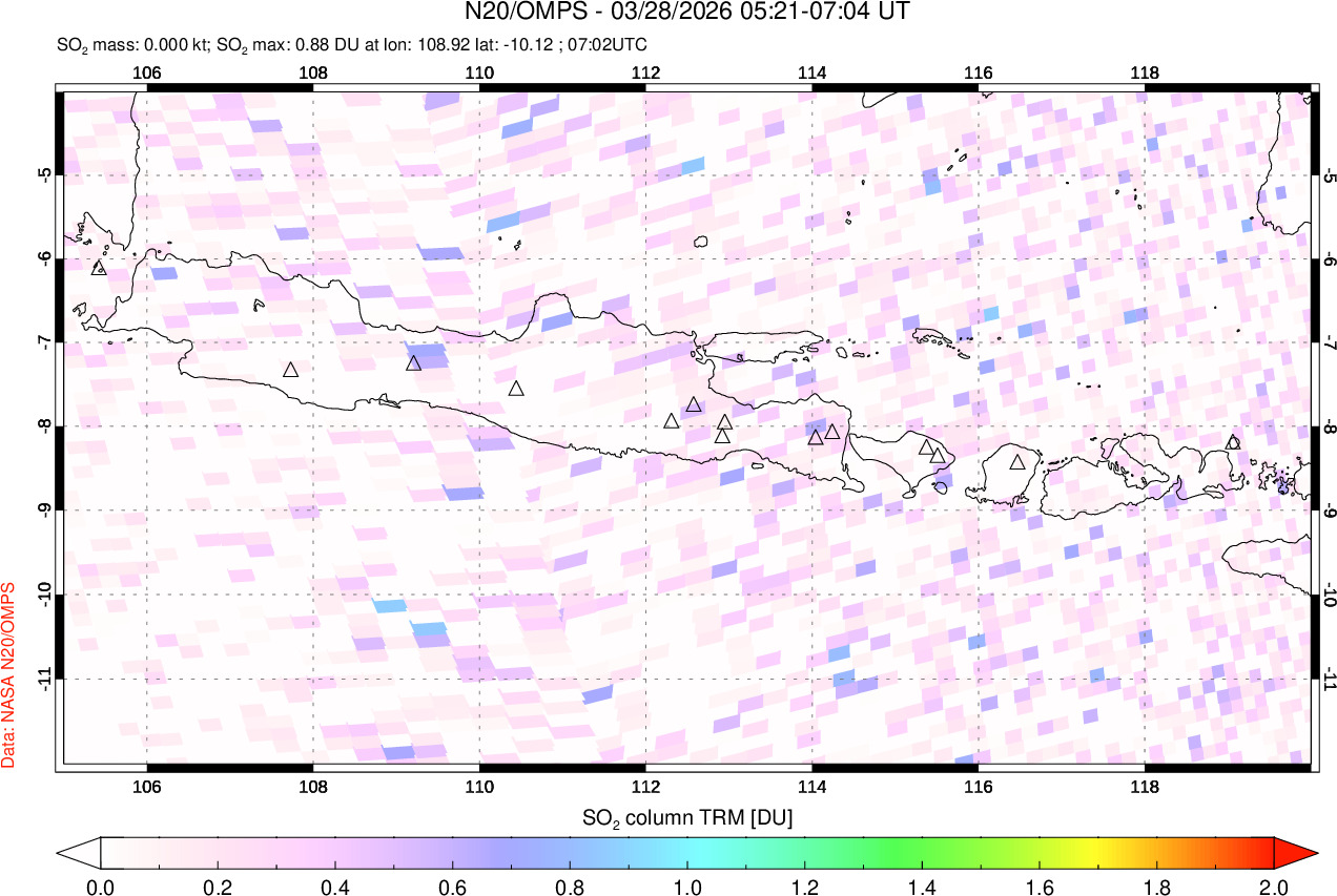 A sulfur dioxide image over Java, Indonesia on Mar 28, 2026.