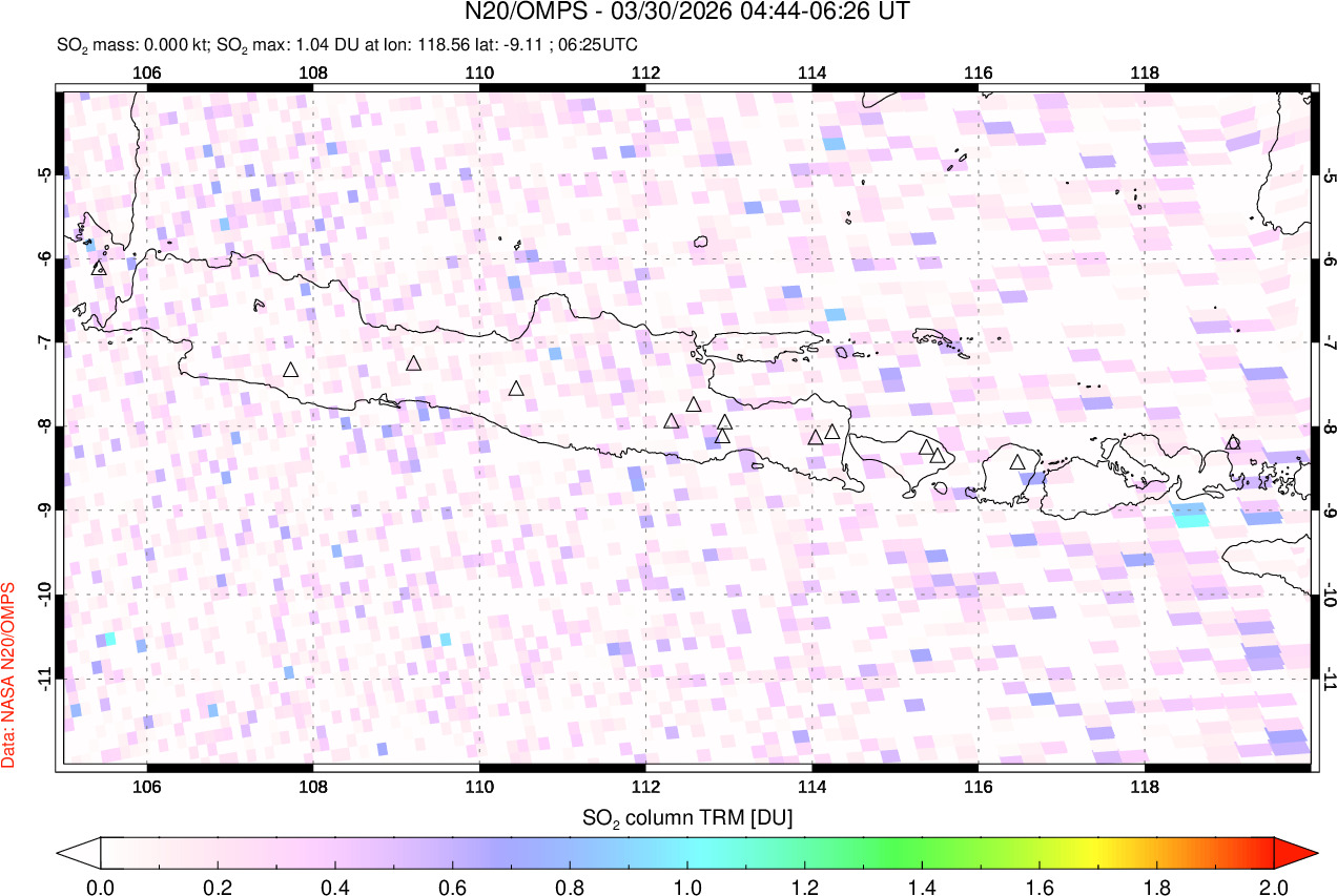 A sulfur dioxide image over Java, Indonesia on Mar 30, 2026.