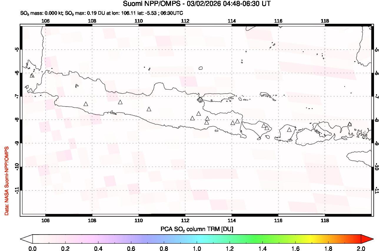 A sulfur dioxide image over Java, Indonesia on Mar 02, 2026.