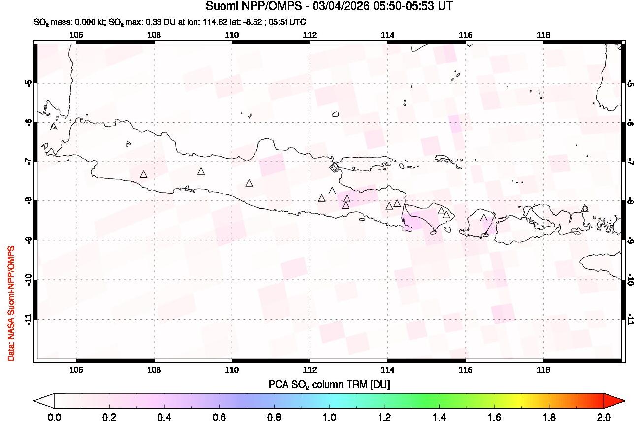 A sulfur dioxide image over Java, Indonesia on Mar 04, 2026.