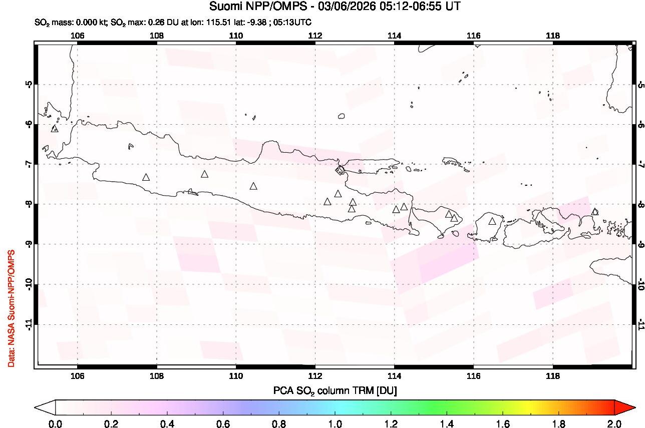 A sulfur dioxide image over Java, Indonesia on Mar 06, 2026.