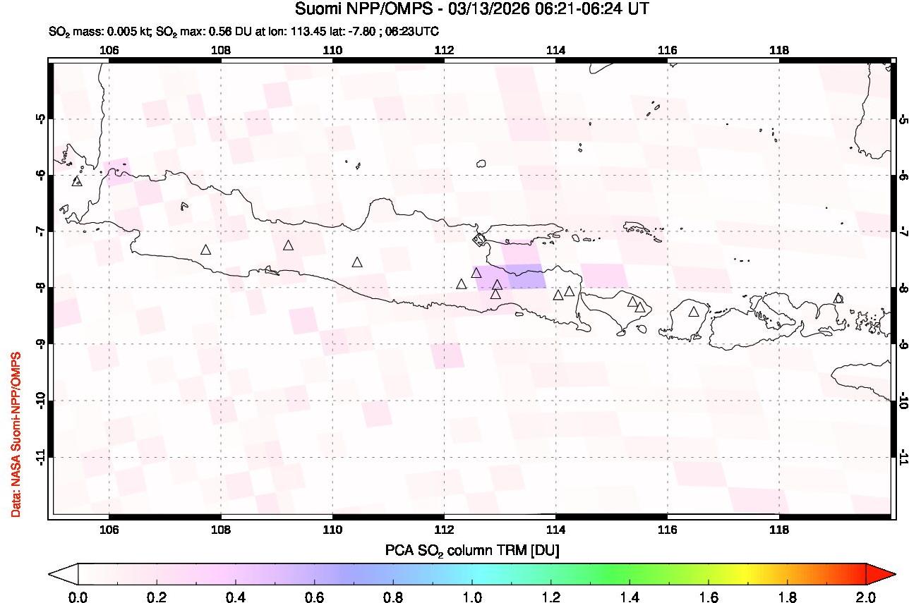 A sulfur dioxide image over Java, Indonesia on Mar 13, 2026.