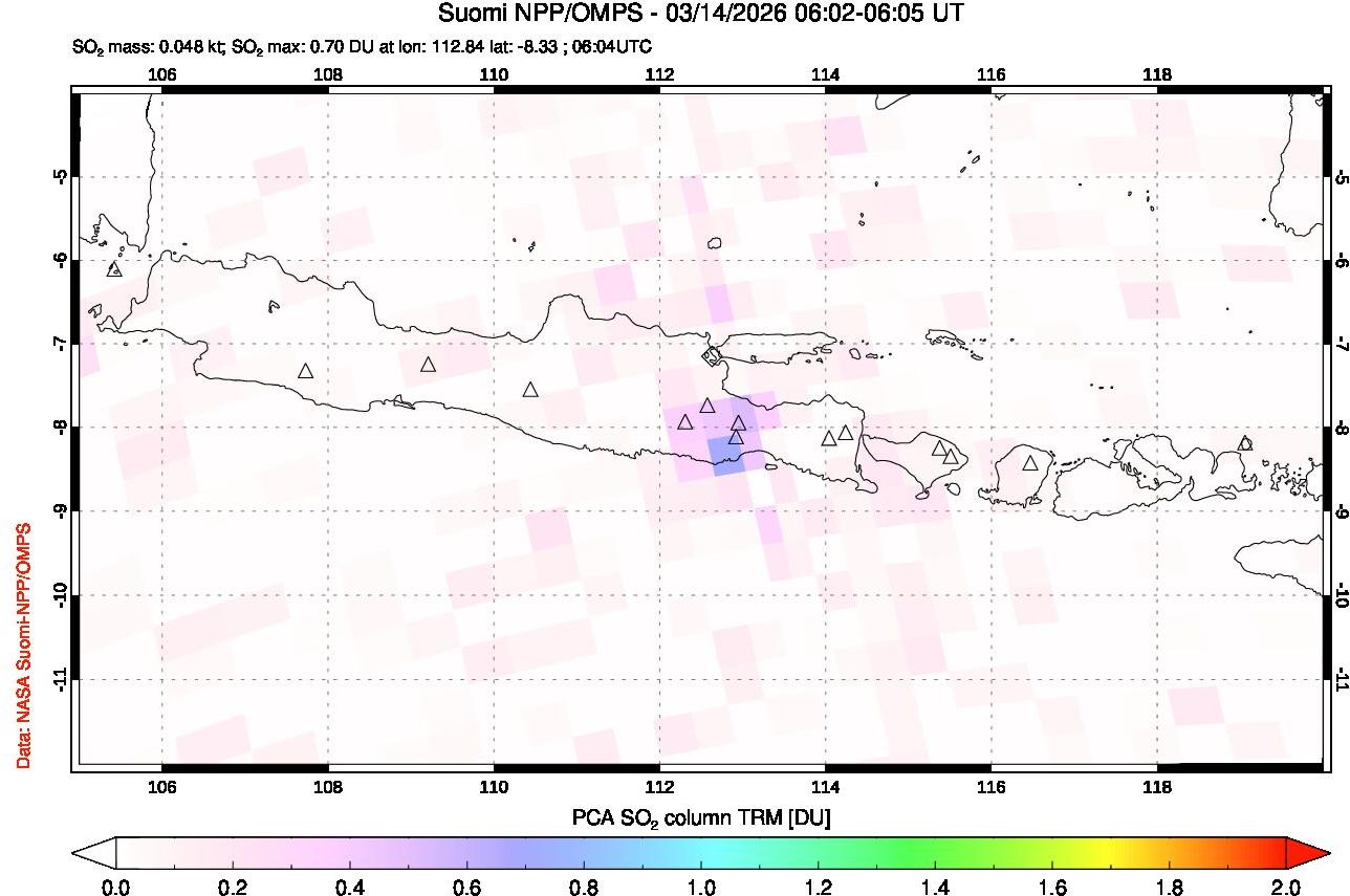 A sulfur dioxide image over Java, Indonesia on Mar 14, 2026.