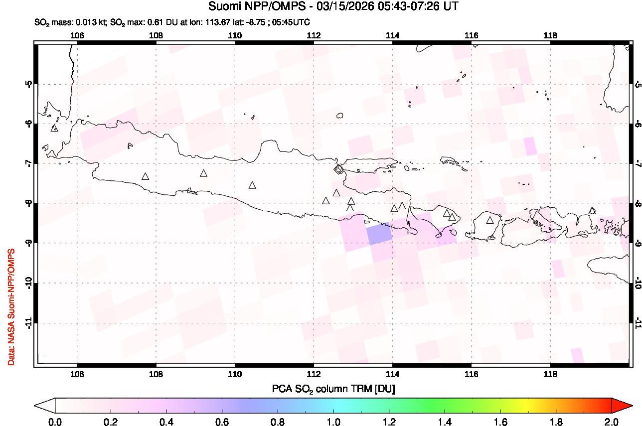 A sulfur dioxide image over Java, Indonesia on Mar 15, 2026.