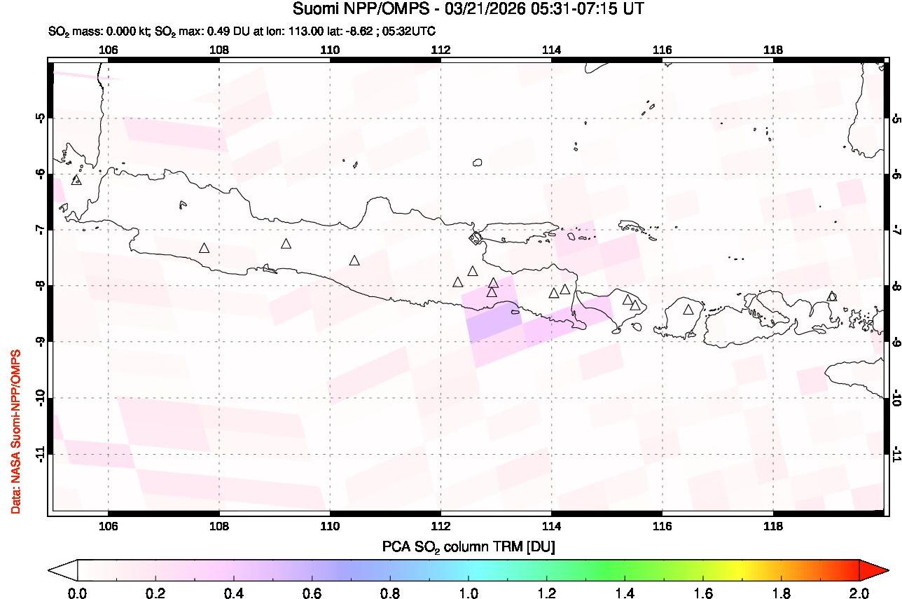 A sulfur dioxide image over Java, Indonesia on Mar 21, 2026.