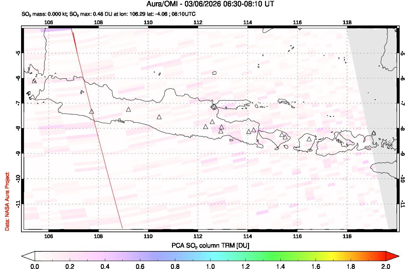 A sulfur dioxide image over Java, Indonesia on Mar 06, 2026.