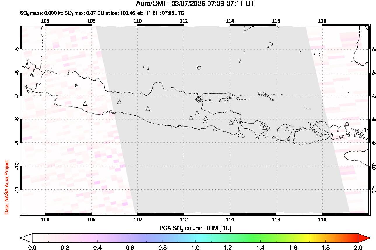 A sulfur dioxide image over Java, Indonesia on Mar 07, 2026.