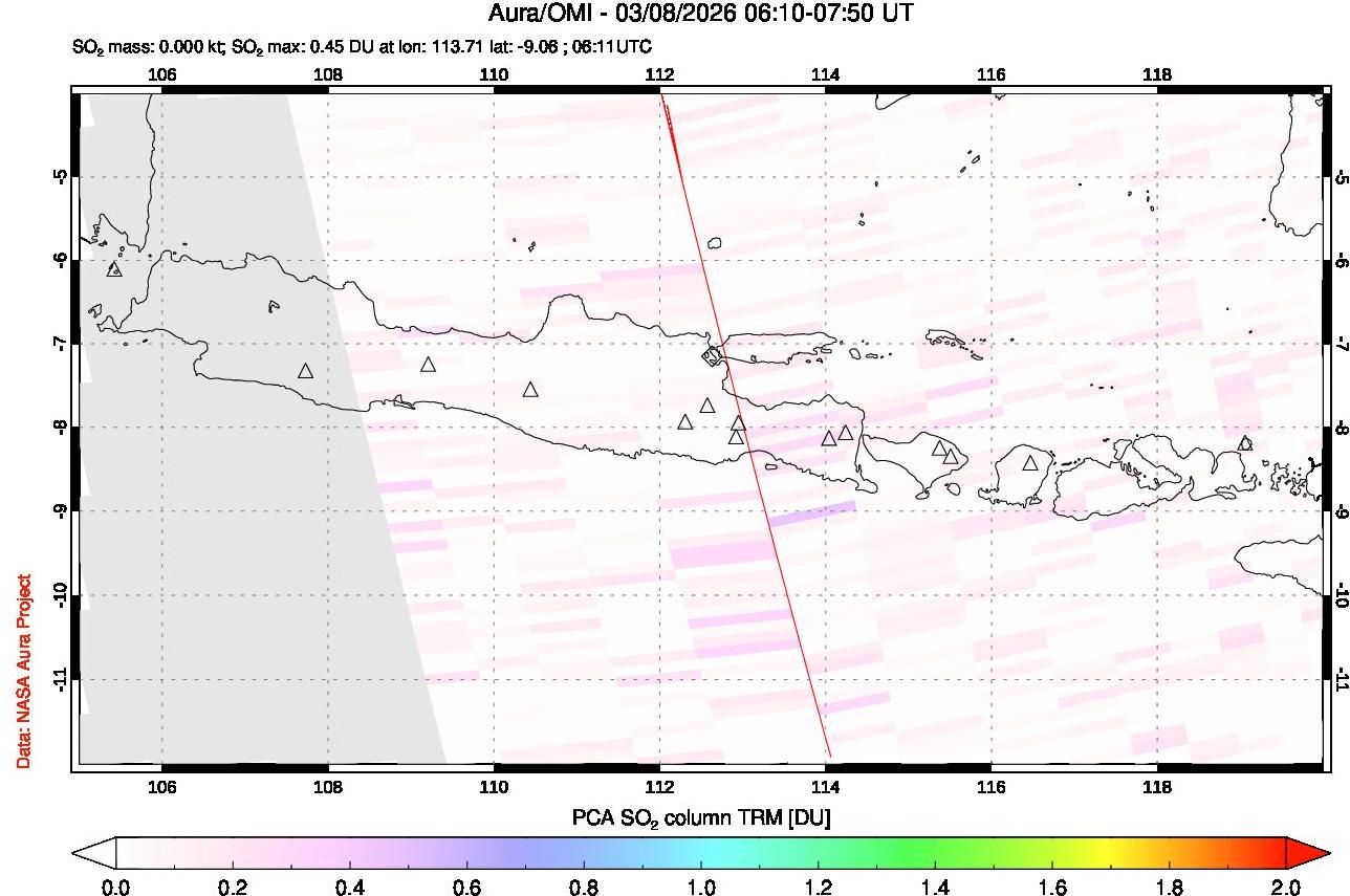 A sulfur dioxide image over Java, Indonesia on Mar 08, 2026.