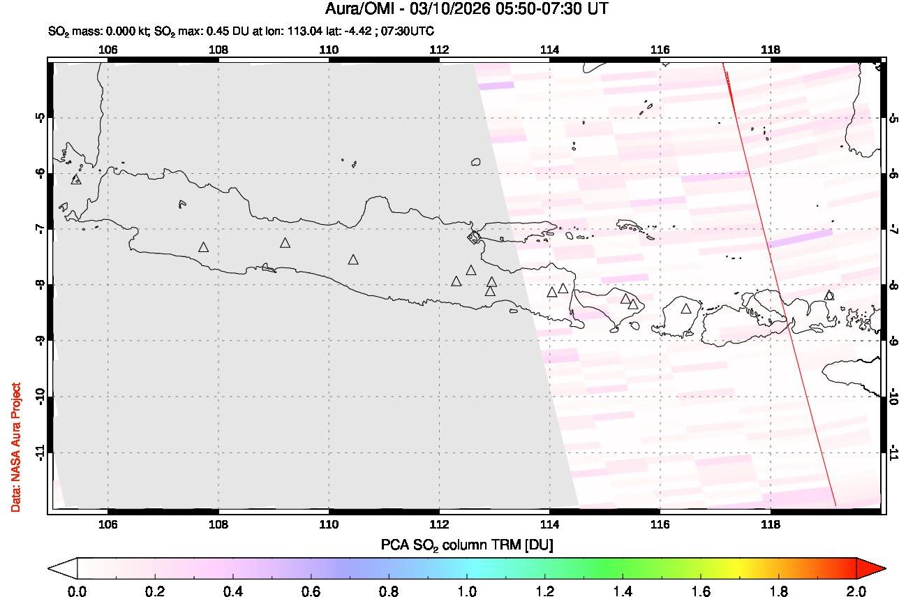 A sulfur dioxide image over Java, Indonesia on Mar 10, 2026.
