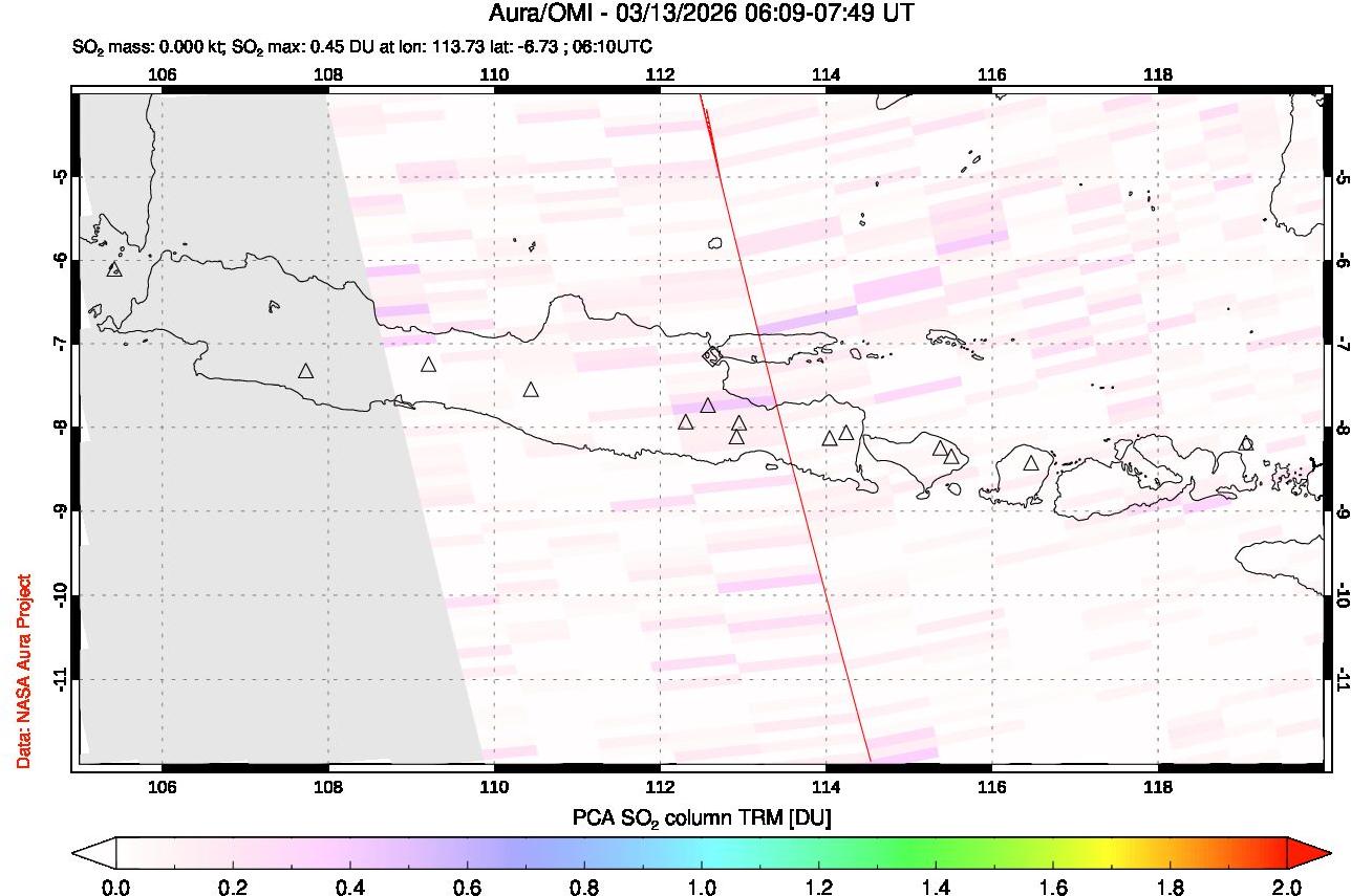 A sulfur dioxide image over Java, Indonesia on Mar 13, 2026.
