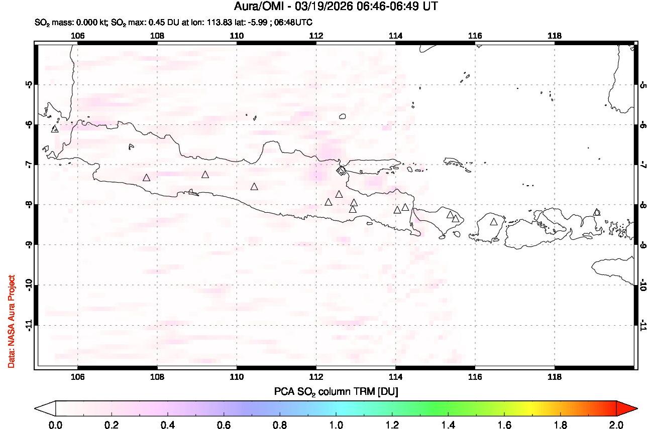 A sulfur dioxide image over Java, Indonesia on Mar 19, 2026.