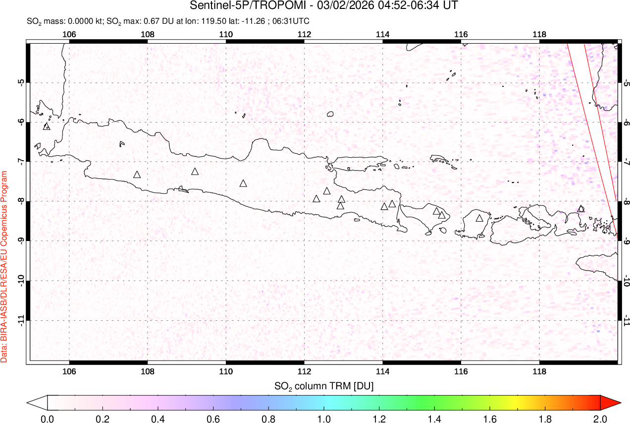 A sulfur dioxide image over Java, Indonesia on Mar 02, 2026.