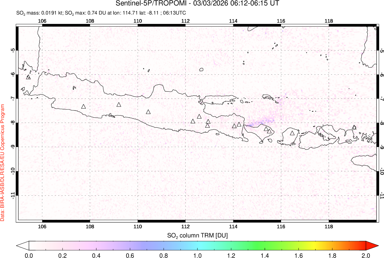 A sulfur dioxide image over Java, Indonesia on Mar 03, 2026.